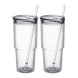 MEWAY 30oz/2 pcs Classic Insulated Tumblers,Double Wall Acrylic Tumbler with Lid，Reusable Plastic Insulated Tumblers with Straw，for cold drinks, sand ice, whatever you like(transparent,2 pack)