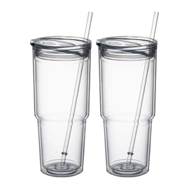 MEWAY 30oz/2 pcs Classic Insulated Tumblers,Double Wall Acrylic Tumbler with Lid，Reusable Plastic Insulated Tumblers with Straw，for cold drinks, sand ice, whatever you like(transparent,2 pack)