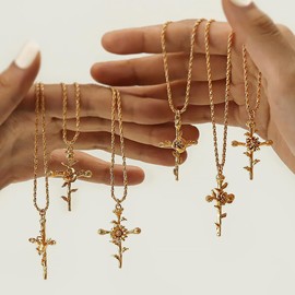 APMUTSS Cross pendant Necklace for Women, Dainty Birth Flower Necklace 18K Gold Plated Trendy Stainless Steel Chain Jewelry