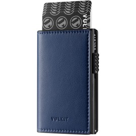 VULKIT Card Holder Pop Up Wallet RFID Blocking Slim Leather Card Wallet for 11 Cards and Notes, lychee navy, Minimalist