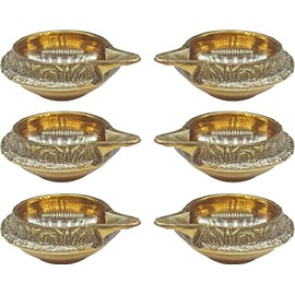 Brass Diya Oil Lamp for Pooja | Home Decorative | Deepawali Pooja Diya | Akhand Jyot Diya | Unique Design | Festival Gifts Items Set Home and Temple Decor Lot of (6)