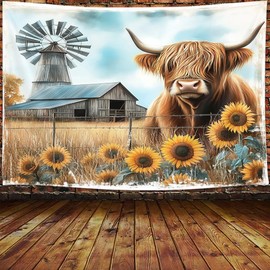 JAWO Cow Tapestry, Longhorn Highland Cow Wall Decor Aesthetic, Funny Western Farmhouse Sunflower Wall Decor Rustic Country Gray Bull Cattle Tapestry for Living Room Home Decor, (60X40)