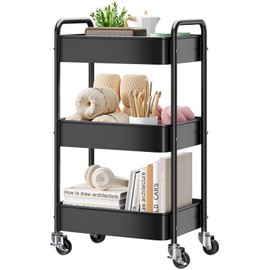 3 Tier Rolling Cart Metal, Black Carts with Lockable Wheels, Three Tiered Utility Cart on Wheels, Sturdy Rolling Storage Cart Organizer for Craft, Art, Snack, Book, Kitchen, Bathroom, Office Supplies