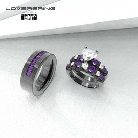 Couple Ring Bridal Set His Hers Black Gold Plated White Heart Blue Sapphire CZ Titanium steel Wedding Ring Band Set