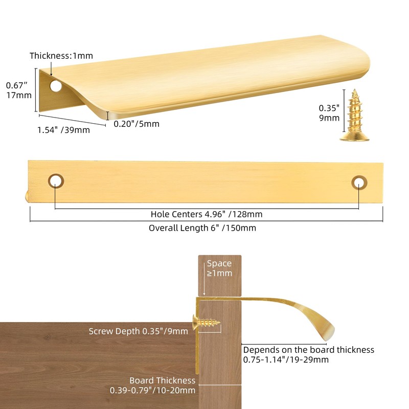 Vancoho 10 Pack Gold Finger Pulls for Cabinets, 6" Edge