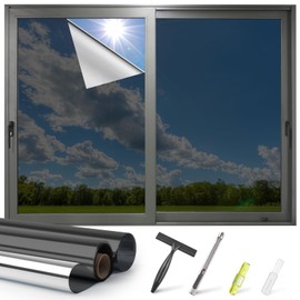 Kromapolis One Way Window Privacy Film Reflective Mirror Home Window Tint, Daytime Privacy Heat Control Anti UV Glass Tinting Static Cling (Black-Silver, 17.5 x 78.7 inch)