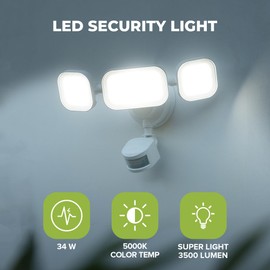 LUXFLY LED Motion Sensor Outdoor Light, 60W 7800LM 5000K Daylight, IP65 Waterproof Flood Lights, 3 Head Dusk to Dawn Motion Detected Security Light for Patio, Garage, Yard-White