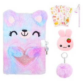 RosewineC Secret Diary with Lock for Girls, Plush Notebook and Pen Set for 6 Year Old Girls Birthday Gifts, Stationary Sets Coin Purse Keychain Stickers Ballpoint Pen for 6-13 Year Old Girls