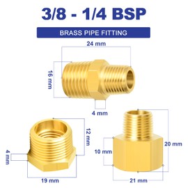 ERGAOBOY 15 x 1/4 inch BSP x 3/8 inch brass pipe fitting, hexagonal socket, reducing adapter, reducing hex nipple 1/4 inch BSP x 3/8 inch BSP connections