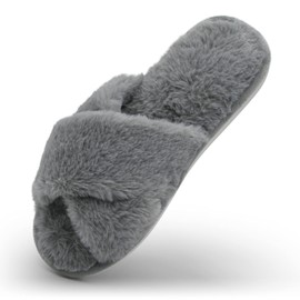 Comlax Women Cross Band Fluffy Slippers, Furry Memory Foam Open Toe Soft Cozy Plush Fluffy Slipper for Lady's Home Indoor Outdoor Slip On