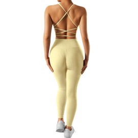 RXRXCOCO Ribbed Workout Sets for Women 2 Piece Backless Strappy Sports Bra Seamless Leggings Matching Set Yoga Outfits Yellow Medium
