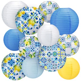 Baquler 18 Pcs Capri Lemon Paper Lantern Amalfi Coast Party Decoration Yellow Blue Tiles Hanging Lantern Mediterranean Decor for Bridal Shower Wedding Party Birthday Summer Positano Home Supplies
