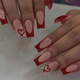 Red French Tip Press on Nails Coffin - Medium Fake Nails with Heart Design - Glossy Full Cover Stick on Press ons for Women Manicure Kit 24 Pcs