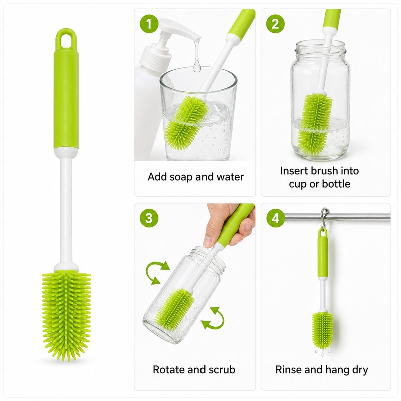 Silicone Bottle Cleaning Brush for Kitchen Use – Long-Handle 360°