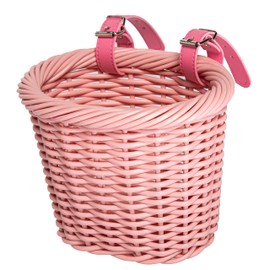 ZUKKA Woven Bicycle Basket Children's Front Handlebar Basket Children's Bicycle Basket Braided for Girls and Children with Leather Strap, Decorative, Removable, Pink