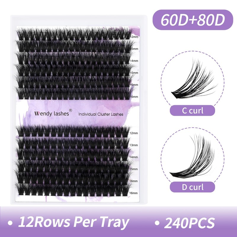 Individual Eyelashes 3D 60+80D 12-16mm D Curl Mixed Natural Cluster