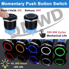 DMWD 2Pcs 22mm Momentary Metal Push Button Switch 12V-24V 1NO 1NC (ON)-Off Black Shell Button Self-Reset with Wire Socket Plug for 7/8" Mounting Hole (Red led Light)