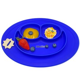 Bberizos| Plato Antideslizante Cuchara Suave Encías Set Alimentación de Silicona para Bebe Infantil con Divisiones para Niños Grado Alimenticio para Papillas Alimentos Sólidos Snakcs Sin BPA Sin PVC (Blue)