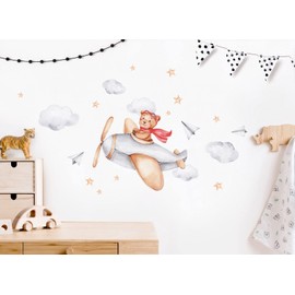 Little Deco DL871-8 Wall Sticker Bear in Plane for Children's Room Teddy Bear Baby Room Wall Decoration