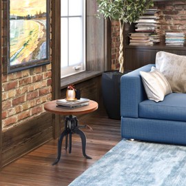 Carolina Chair & Table Adjustable Hand Crank 18" Wooden Top Rustic Side Table - Cast Iron Base Round Accent Table for Farmhouse, Living Room, or Bedroom (Chestnut/Black)