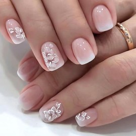 Bellelfin 24Pcs Short Press on Nails Square Pink Gradient Fake Nails with Flower Design, Glossy Short Ombre False Nail Acrylic Nail Press ons Cute Stick on Nails for Women Girls Artificial Fingernails