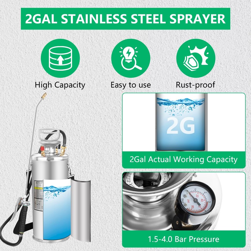 2 Gallon Stainless Steel Pump Sprayer - Hand Pump Sprayer