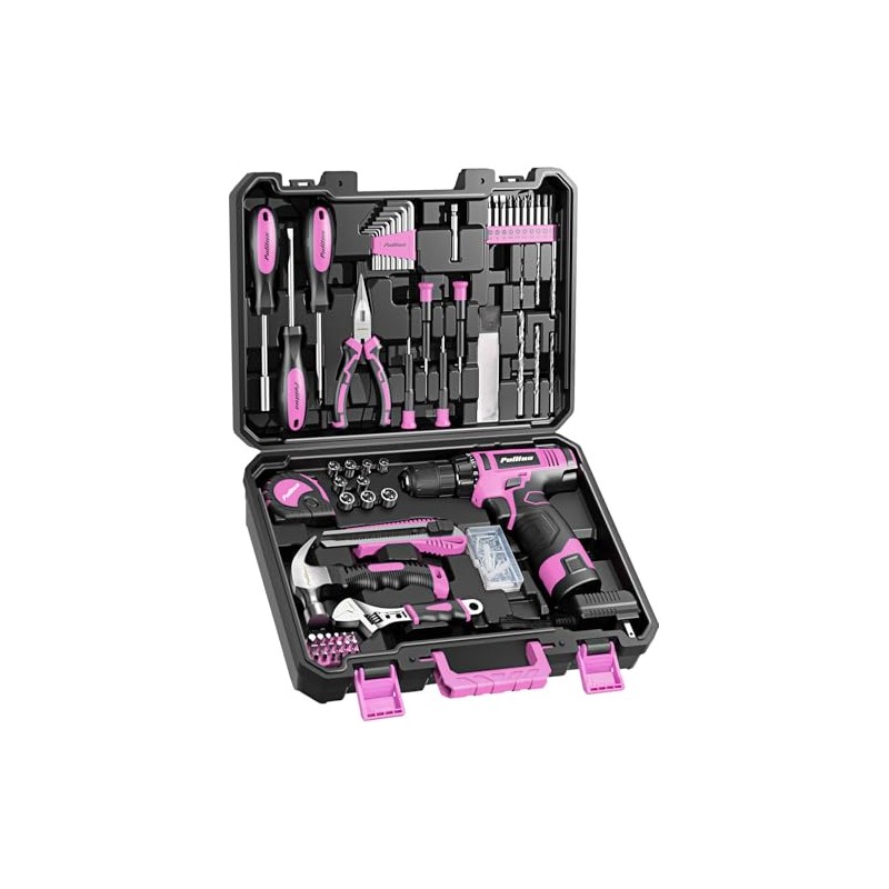 PULITUO Drill Set, 149-Piece Home Tool Set with 12V Pink