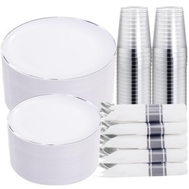 KIRE 350 PCS Plastic Dinnerware Set For 50 Guests - Silver Plastic Plates Include 50 Dinner Plates, 50 Dessert Plates, 50 Pre Rolled Napkins With Disposable Silverware, 50 Cups For Wedding & Party