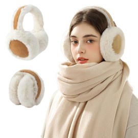 Vmxlso Ear Warmers Women's Foldable Earmuffs Winter Headband Plush Ear Warmers Suede Earmuffs Winter Headphones for Cold Protection, Outdoor, Comfortable, Soft, Camel, White, White