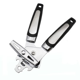 Handled Can Opener, 3-in-1 Manual Tin Opener, Stainless Steel Bottle Opener with Non-Slip Handle and Turn Knob, Good Grip and Safe Cut, Suitable for Weak Hands/Elderly
