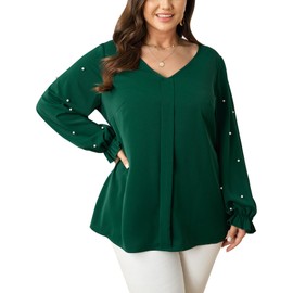 SCOMCHIC Womens Plus Size Tops Pearl Decor V Neck Elegant Long Sleeve Dressy Blouse Tops Emerald Green