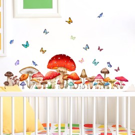WOHAHA Wall Sticker, Stylish, Cartoon, Large Mushroom, Wallpaper Sticker, Removable, Flying Butterfly, Toy Room, Kindergarten, Nursery, Children's Room, Wall Decoration, Waterproof for Life,