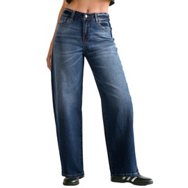 Sidefeel Womens Barrel Jeans High Waisted Stretchy Wide Leg Jeans Trendy Color Block Patchwork Baggy Loose Denim Pants Blue Size 4