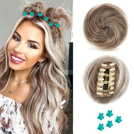 QKEPCY 2 x Claw Clip in Hair Bun for Women Girls Mini Messy Bun Hairpieces Bun with Clip Curly Hair Scrunchie Paired with 5 Pieces Floral Hair Clips
