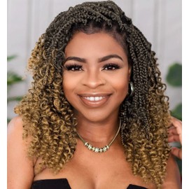 Goddess Box Braids Crochet Hair 10 Inch Bohemian Box Braids Crochet Hair with Curly Ends Boho 3X Synthetic Crochet Braiding Hair for Women (8 pack, 1b/27#)