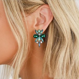 Flyonce Costume Statement Flower Stud Earrings, Rhinestone Crystal Vintage Style Art Deco Earrings for Women Green