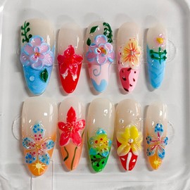 Handmade Press on Nails Almond Long 3D Floral French Tip Thick Acrylic Fake Nails Aesthetics False Nails with Flower Pearls Designs Tropical Sturdy Nail Art Press on Nails 10Pcs(M)