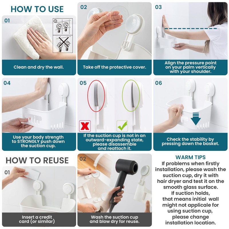 TAILI Shower Caddy Suction Cup, Heavy Duty Bathroom Organizer, Removable