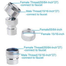 2 Pack Dishwasher Faucet Adapter, Dishwasher Snap Adapter Connection, One with Swivel Ball Joint and The Other One with Faucet Aerator, 15/16-27Male Outside and 55/64-27Female Inside, Chrome