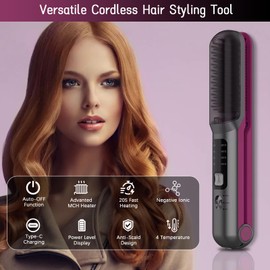 Kabellose Haarglätter, 2 in 1 Kabellose Glättbürste und Kabellose Glätteisen, Mini Haarglätterbürste Tragbare Glättungsbürste Typ-C Wiederaufladbare Haarglätter Bürste, 140-200℃, Schnelles Aufheizen