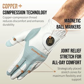 Copper Tech Golf Gloves Men Right Handed Golfer or Left Handed Golfer (2nd Gen) | Copper Compression Joint Support Golf Glove (White/Silver, X-Large, [Left Hand] for Right Handed Golfers)