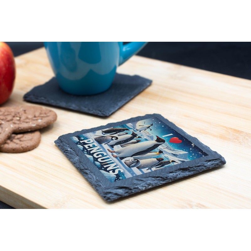I Love Penguins Slate Coaster – Realistic Penguin Design (slco-kf25-lovepenguinsrealkvd)