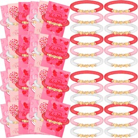 Ecally Ecally 24 Pack Valentine's Day Gift Sets Heart Shaped Friendship Bracelets Clay Bead Bracelets with Greeting Cards Exchange Gift for Women Men Valentine's Day Party Favors Supplies