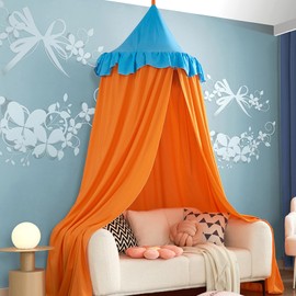 THREENTDAY Bed Canopy for Girls, Bedroom Decor Canopy Lotus Leaf Edge Dome Bed Curtain Color Block Castle Canopy (Blue Orange)