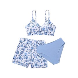SHENHE - Traje de baño de 3 piezas con cuello en V y estampado floral para niña, Azul, 10 Años