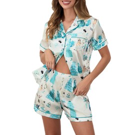 Women Cute Print Lounge Wear Set 2 Piece Casual Outfit Set Botton Down Satin Matching Shirt Short Sets (Blue Breakfast At Tiffany's, XL)