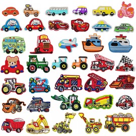 Woohome - Parches termoadhesivos para coche - Excavadora, Coche de carreras, Camión de bomberos - 40 piezas de apliques para coser para niños, manualidades DIY, ropa, jeans, chamarras, bolsas - Kit de