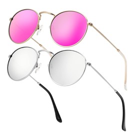 Round Sunglasses for Women Men Circle Polarized Sun Glasses Retro Driving Shades 100% UV Blocking (2 Packs Pink&Silver)