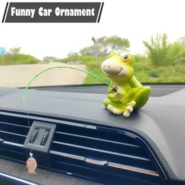 Starupway Funny Fishing Ornament Dashboard Decorations, Cute Car Accessories Interior Dashboard Decor, Swinging Fish Car Dash Decoration (Frog)