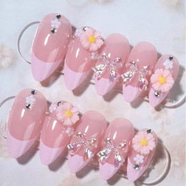 Flowers Press on Nails Long Stiletto Fake Nails with French Tips 3D Floral Bow Design Summer False Nails Full Cover Stick on Nail Artificial Acrylic Ballerina Nail for Salon Manicure 24Pcs
